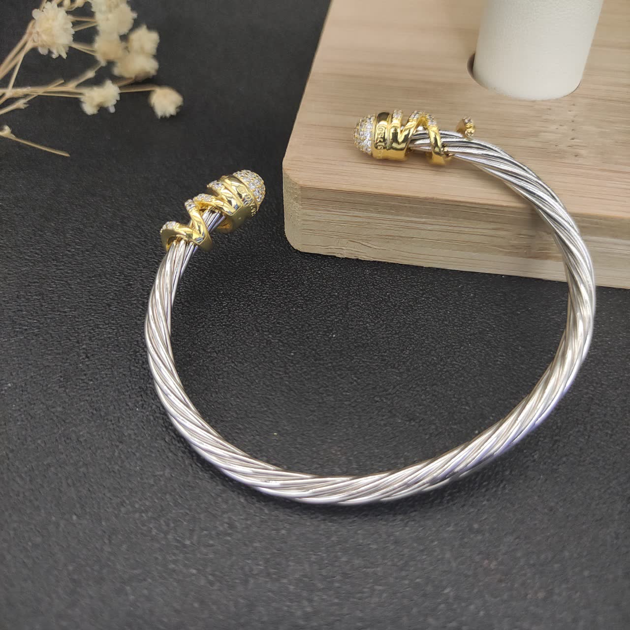 David Yurman Elegant Silver and Gold Diamond Cuff Bracelet
